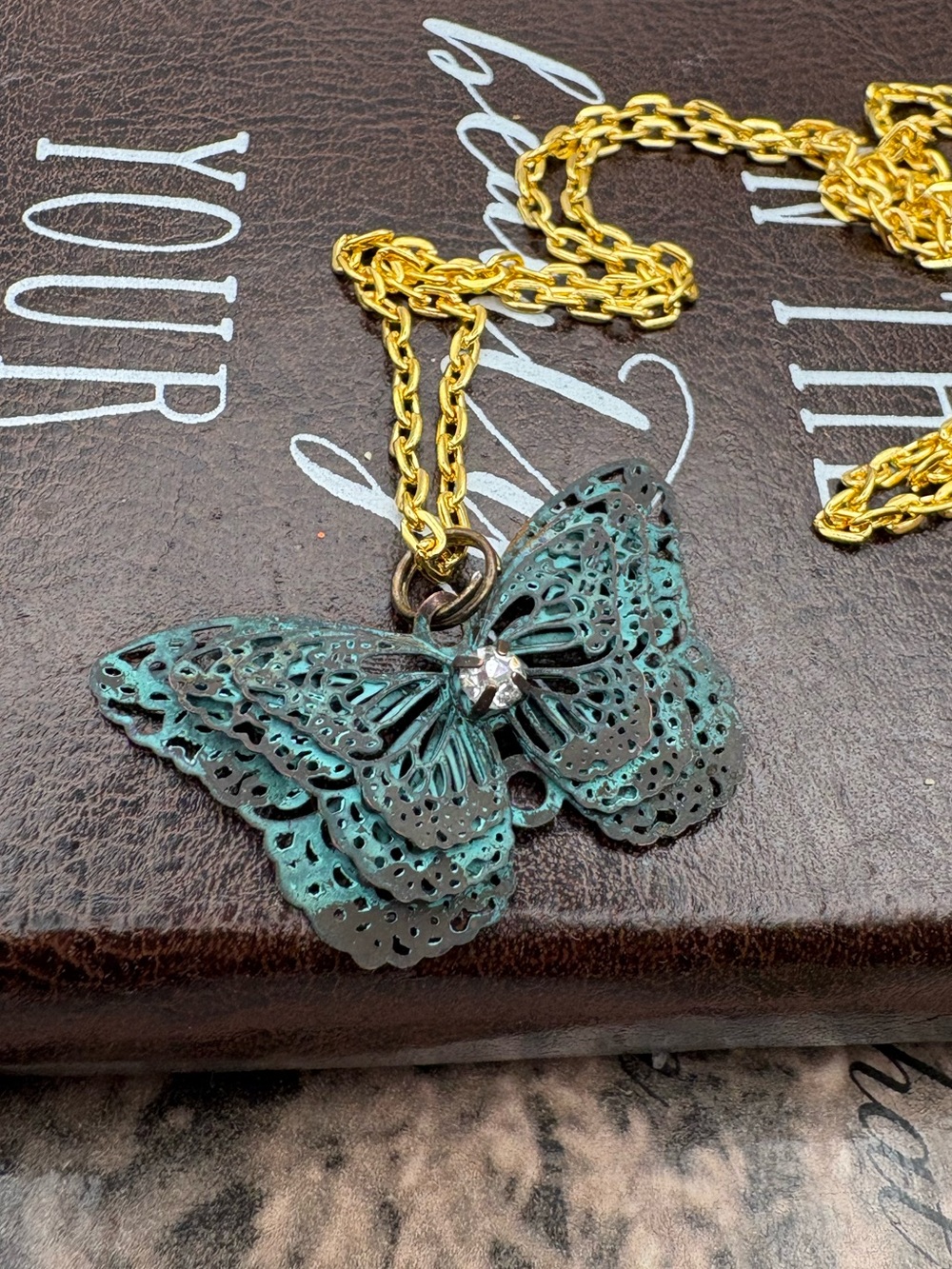 Patina Butterfly Necklace Boho Cottagecore Fairycore Y2K Pendant
